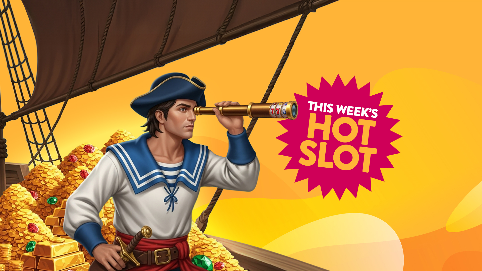 A pirate looking from his ship to New Hot Slot games over a yellow background.