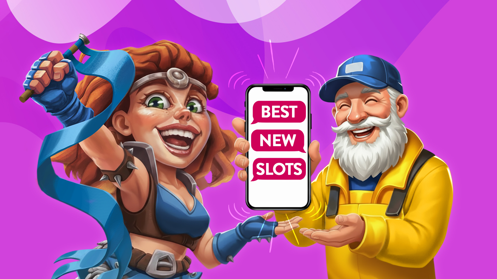 Smiling fisherman and female warrior holding a phone that displays “Best New Slots” against purple background.
