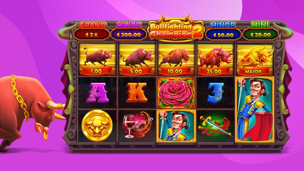 Bright reels featuring bulls, matador, rose, and jackpot values including Grand €2K, Major €200, Minor €50, Mini €20.