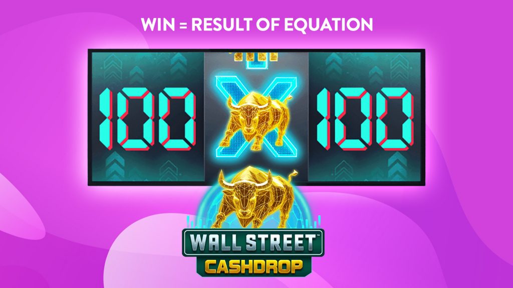 Digital bull symbol with glowing numbers equation (100 x 100) on a neon scoreboard with the Wall Street Cashdrop logo.