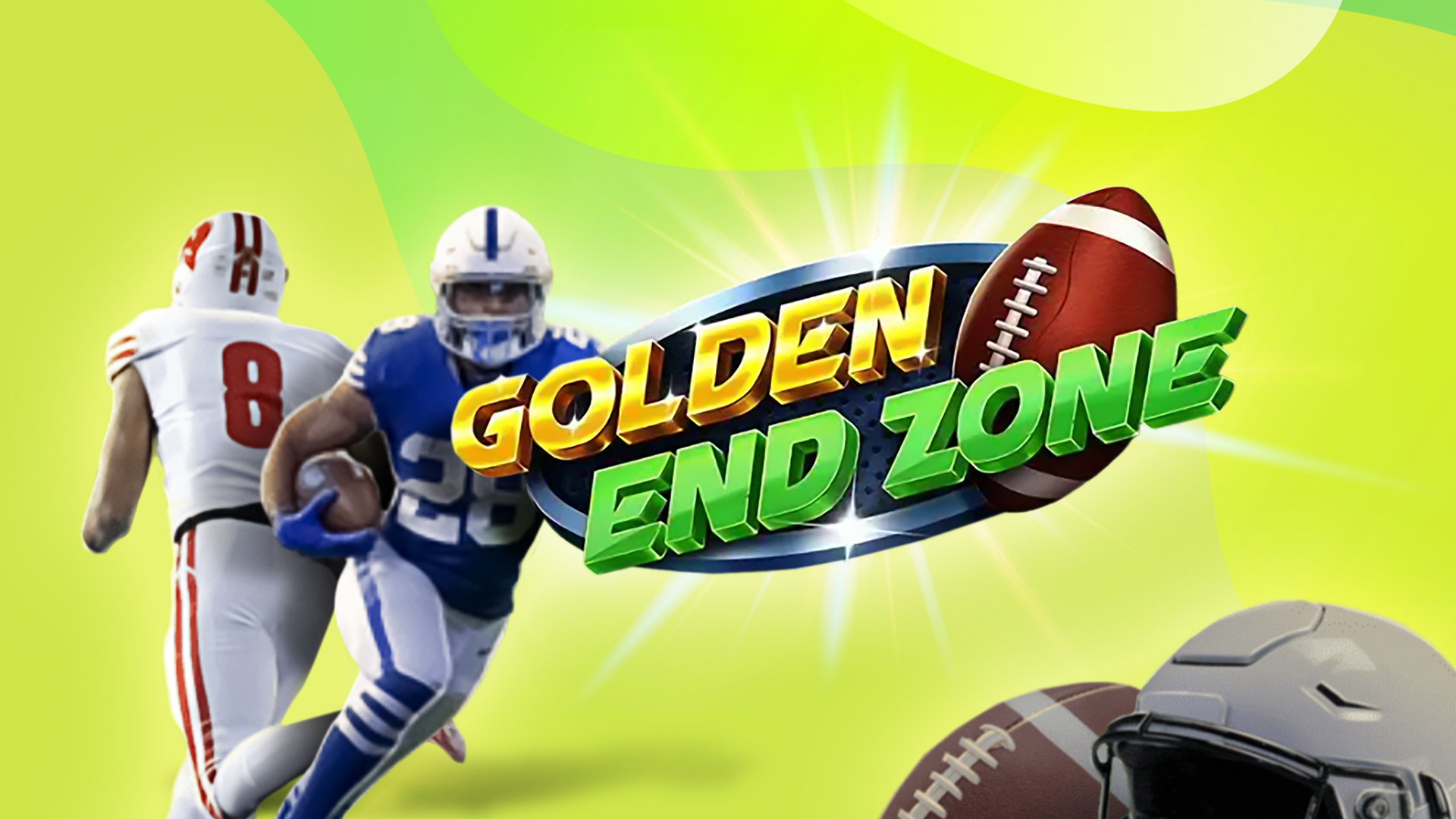 “Golden End Zone” is displayed in shiny green and yellow block letters in the center of a lime green image. Two football players from the white and blue teams charge in opposite directions with a football.