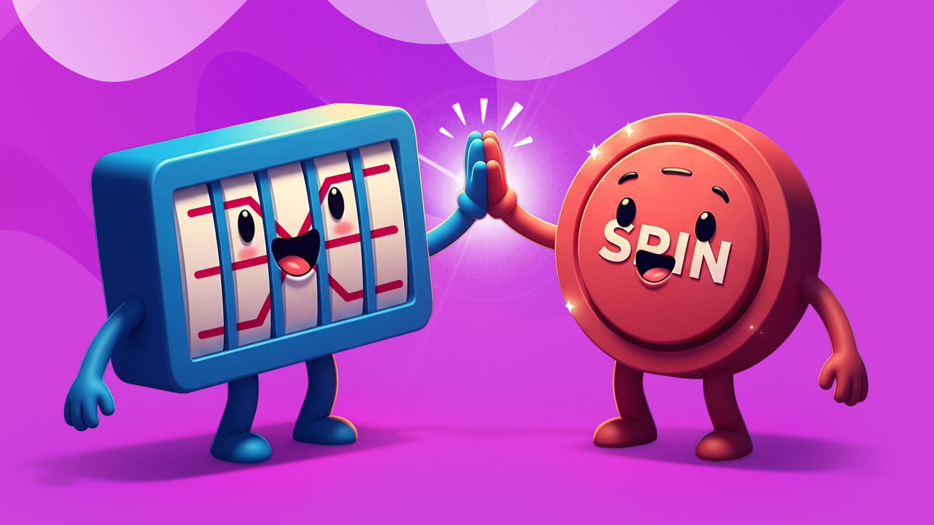 On a purple background, a cartoon slot showing paylines high-fives a red cartoon spin button