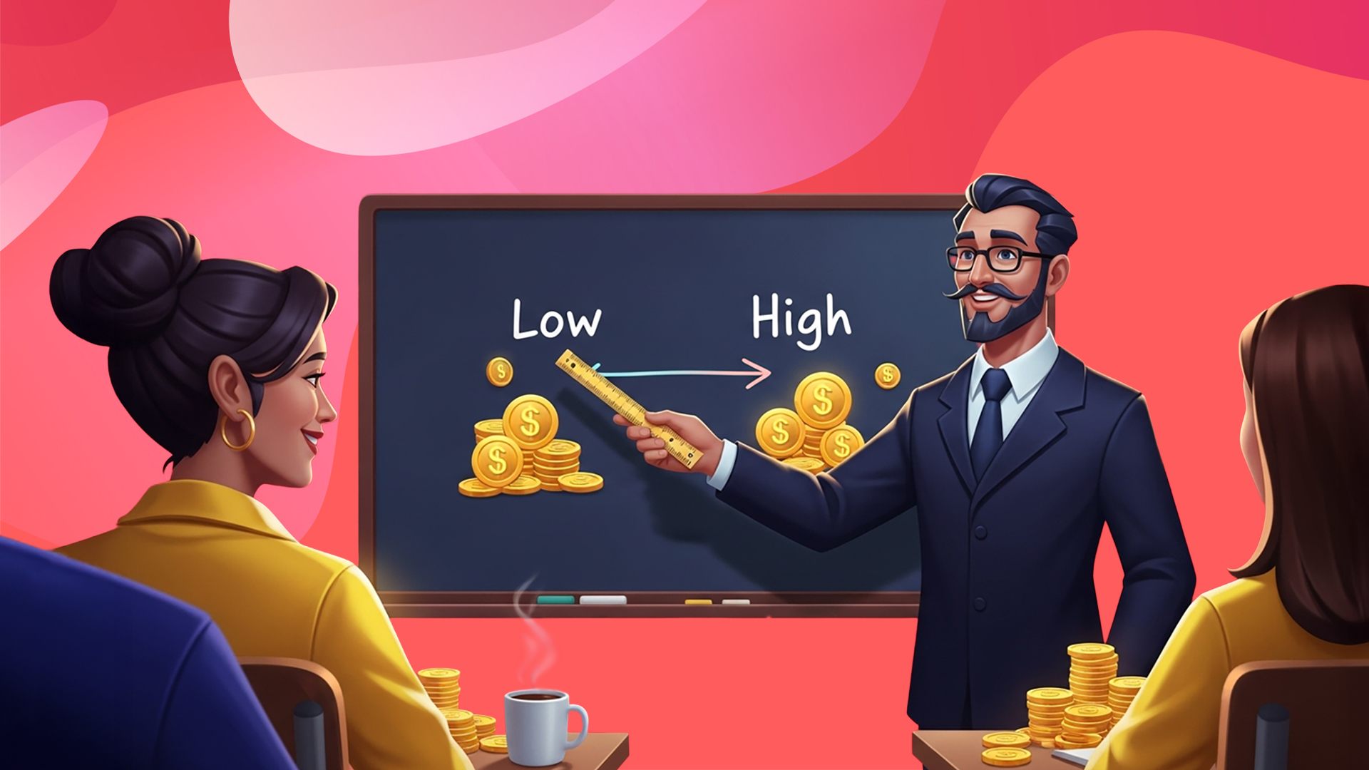 A male teacher in a black suit holds a ruler up to a blackboard on a pink background, showing two sides of a two-sided arrow, being low and high. Two ladies in yellow suits sit at desks while watching the lesson.