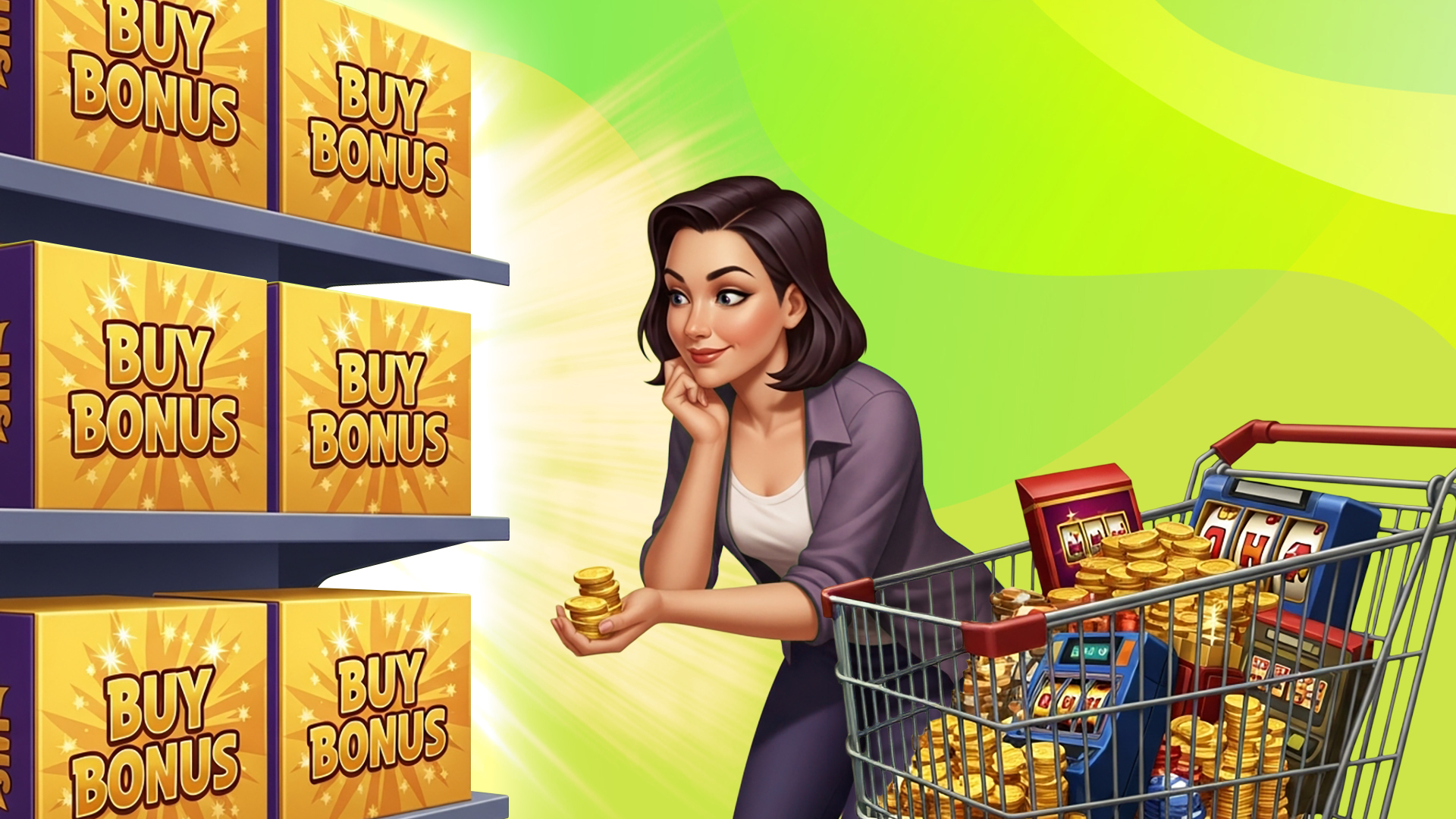 In a lime green image, a lady with a shopping cart assesses two shelves stocked with gold Bonus Buy boxes.