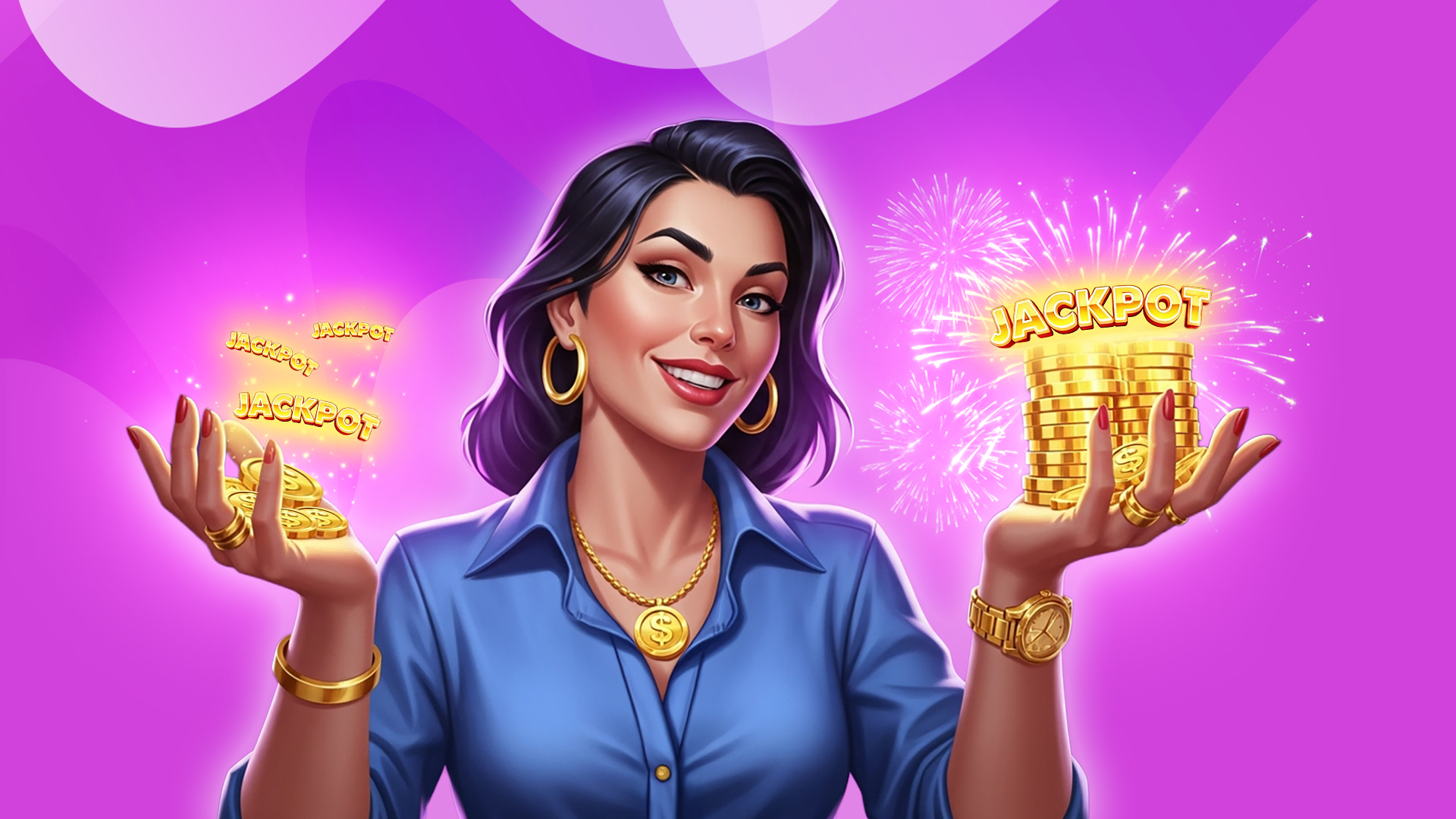 A woman holds two piles of glowing gold coins. On the left, there are fewer coins and three “jackpots.” On the right, there are more coins and one “jackpot.” The background is purple.