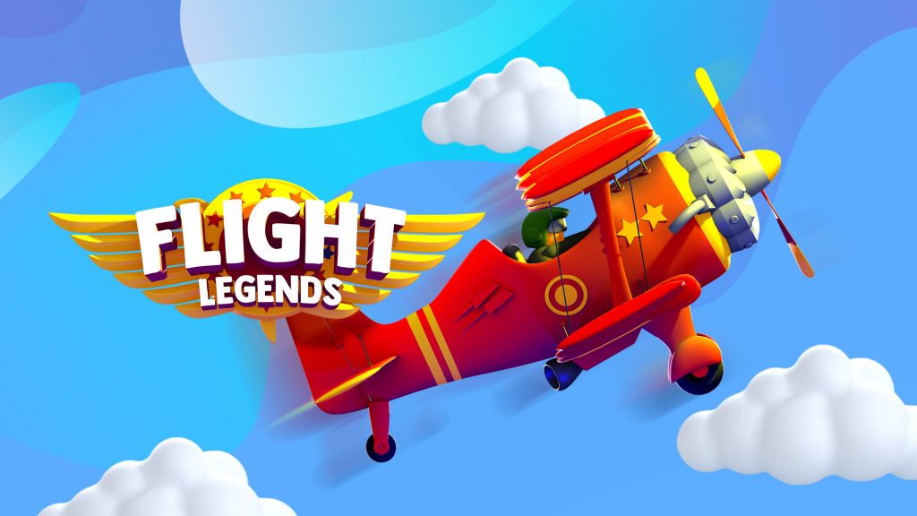 A red biplane soars through the clouds in a blue sky, with yellow wings to the left that say “Flight Legends.”