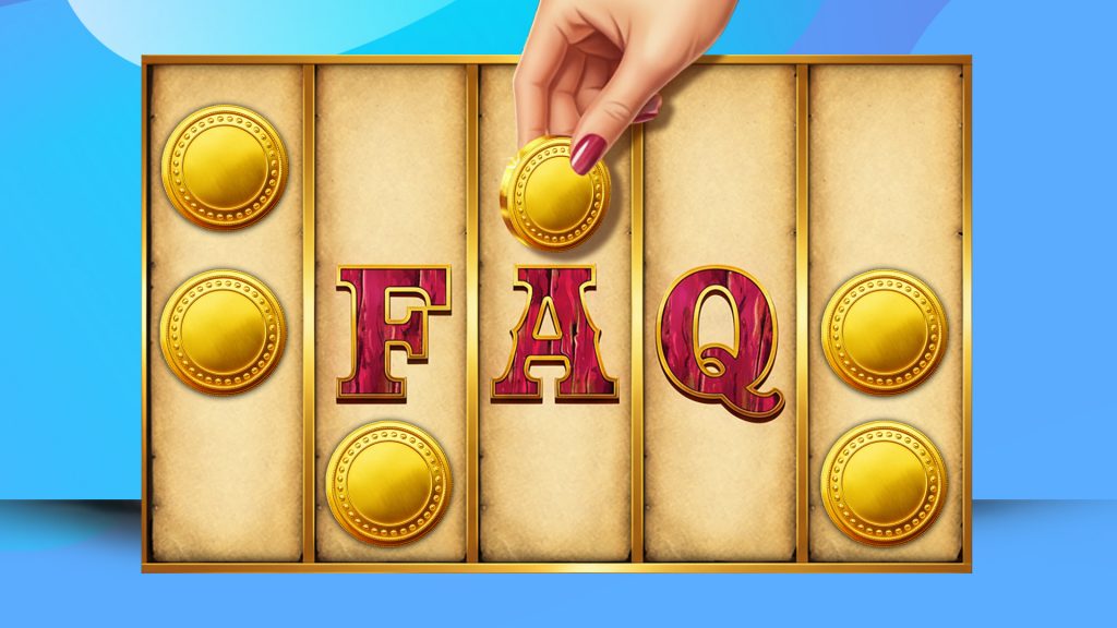 On a light blue background, a game resembling Connect Four shows a hand releasing gold coins into columns around red text that says “FAQ.”