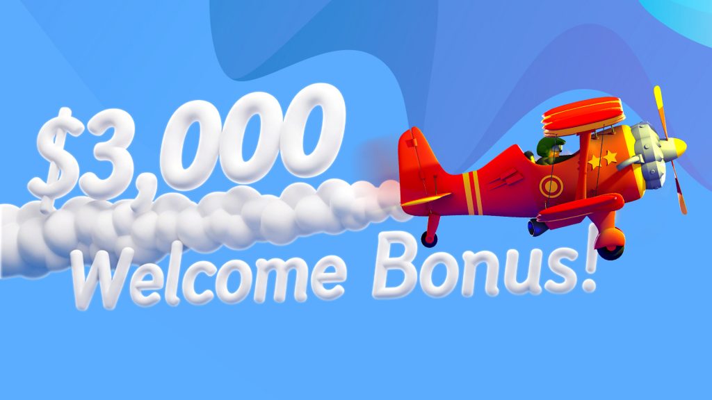 Clouds and contrails form letters and numbers that spell, “$3,000 Welcome Bonus,” as a red biplane flies to the right of the image.