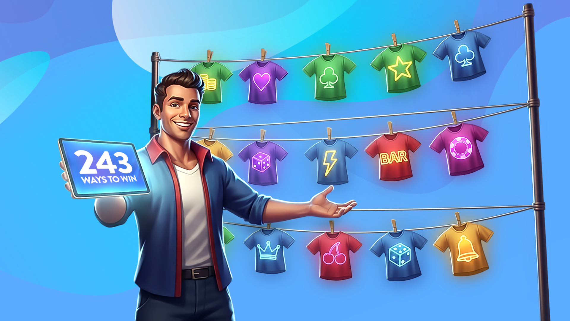 A man holds a tablet with “243 ways to win” on a blue background. Behind him is a clothesline with colorful shirts hanging from it, showing classic slot symbols.