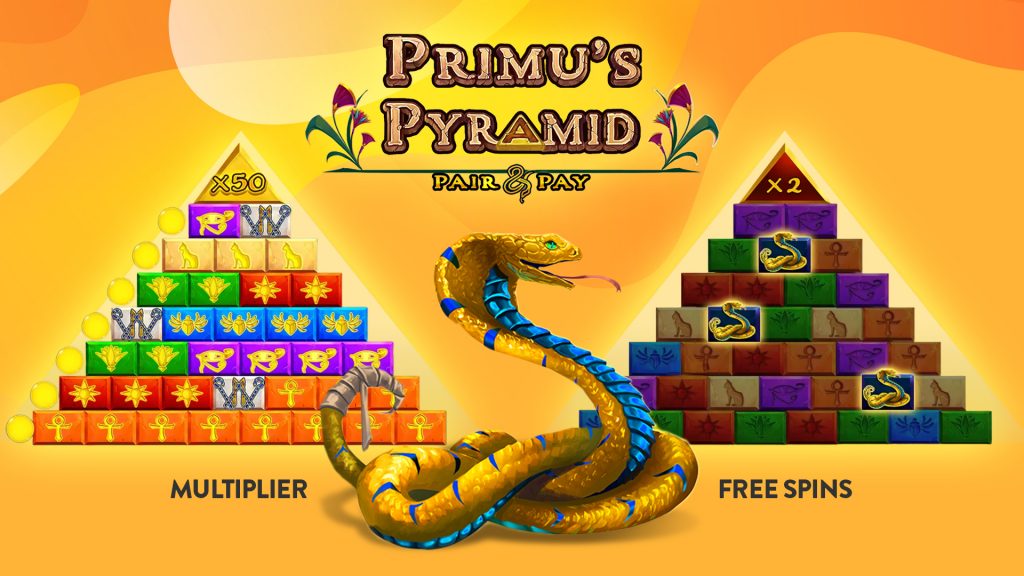 Primu's Pyramid Pair & Play game elements shown over a yellow background. 2 pyramids are shown, one lable multiplier and the one Free Spins.