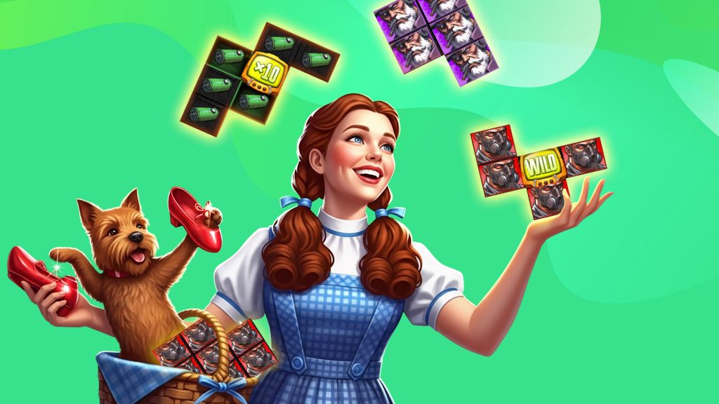 On a mint green background, Dorothy from The Wizard of Oz holds her dog Toto in a basket, while glancing longingly at cut-outs of cluster wins from an online slot.