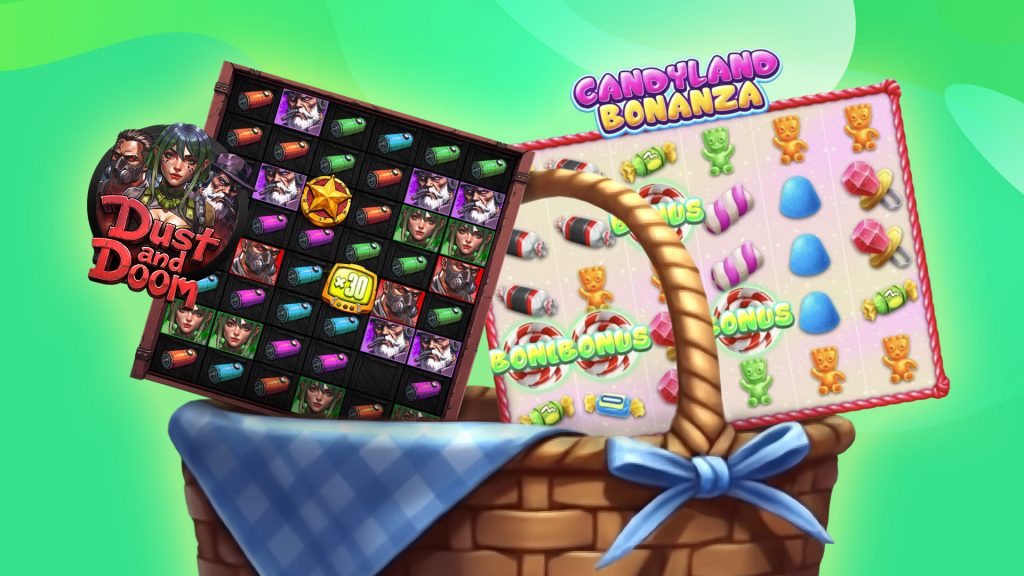 Two large slot grids are inside a wicker basket with a blue lining on top of a mint-green background.