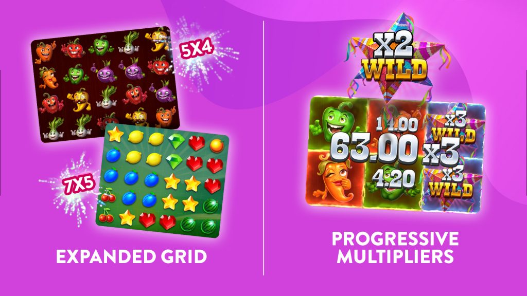 Two sides are illustrated on a purple background, separated by a white line. One side shows a 5x4 and 7x5 expanding grid, and the other side shows a Wild 2x progressive multiplier on a slot game.
