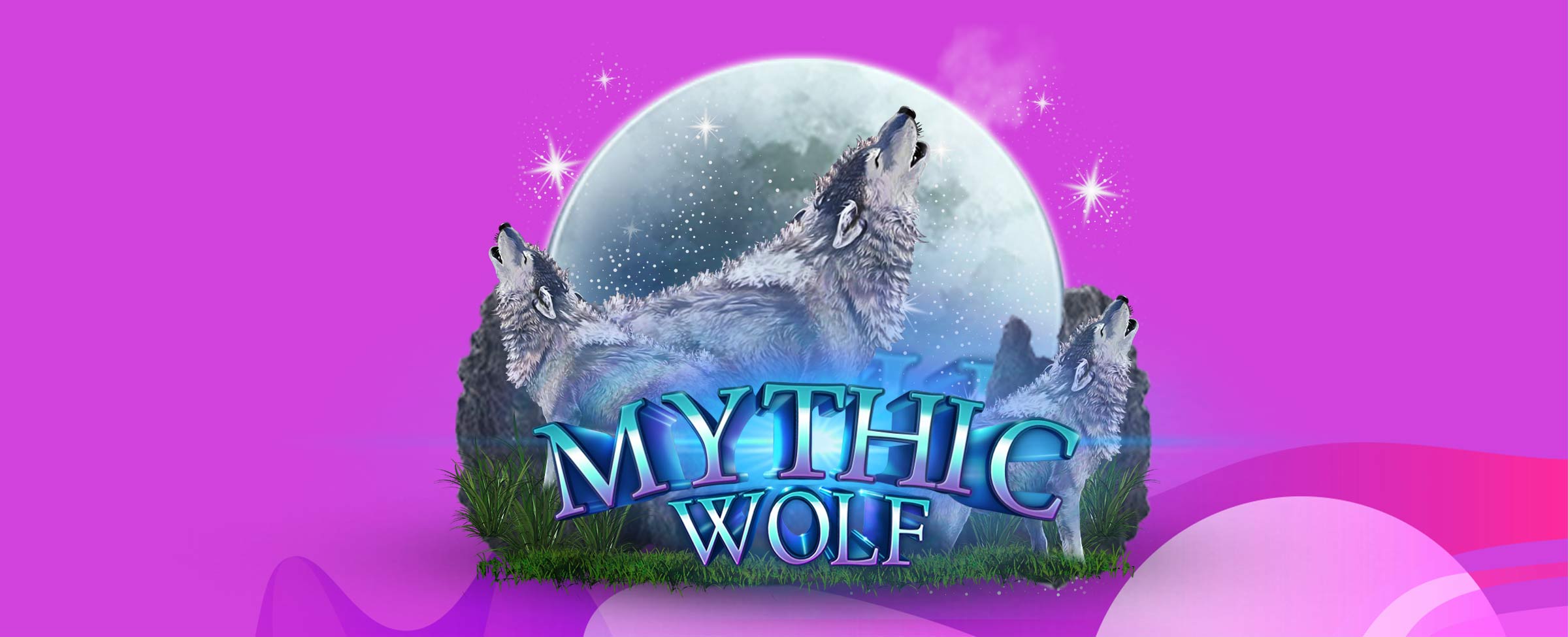 Three majestic wolves howling at a glowing full moon, set against a mystical purple background. The 'Mythic Wolf' logo is displayed in bold, icy blue letters at the foreground, evoking a sense of mystery and wilderness.