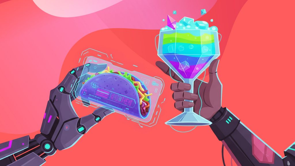 A robot and a human hand hold up a neon taco and cocktail over a pink background.