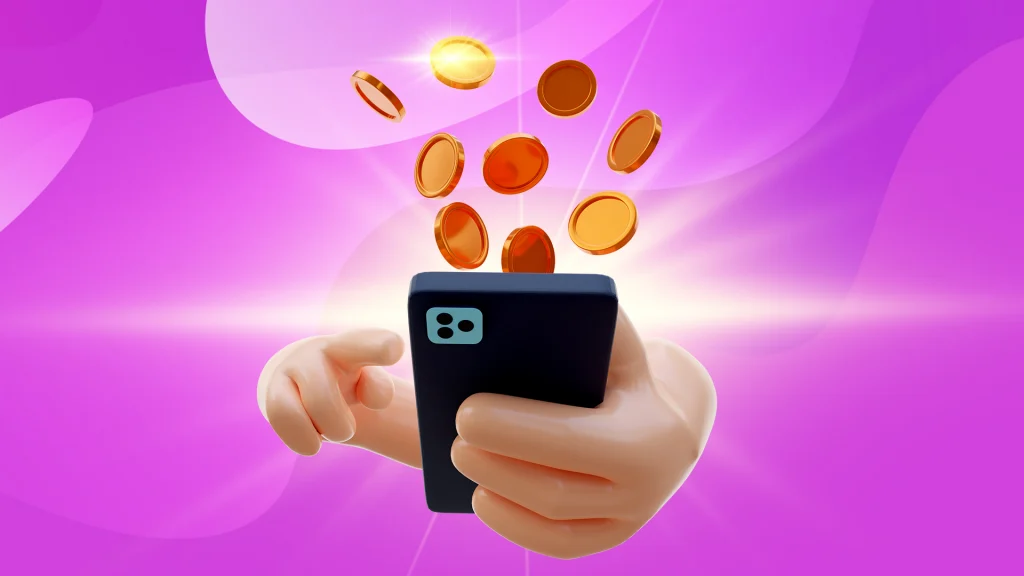 Two hands hold a smartphone with gold coins coming out the top, and it’s all on a purple background.