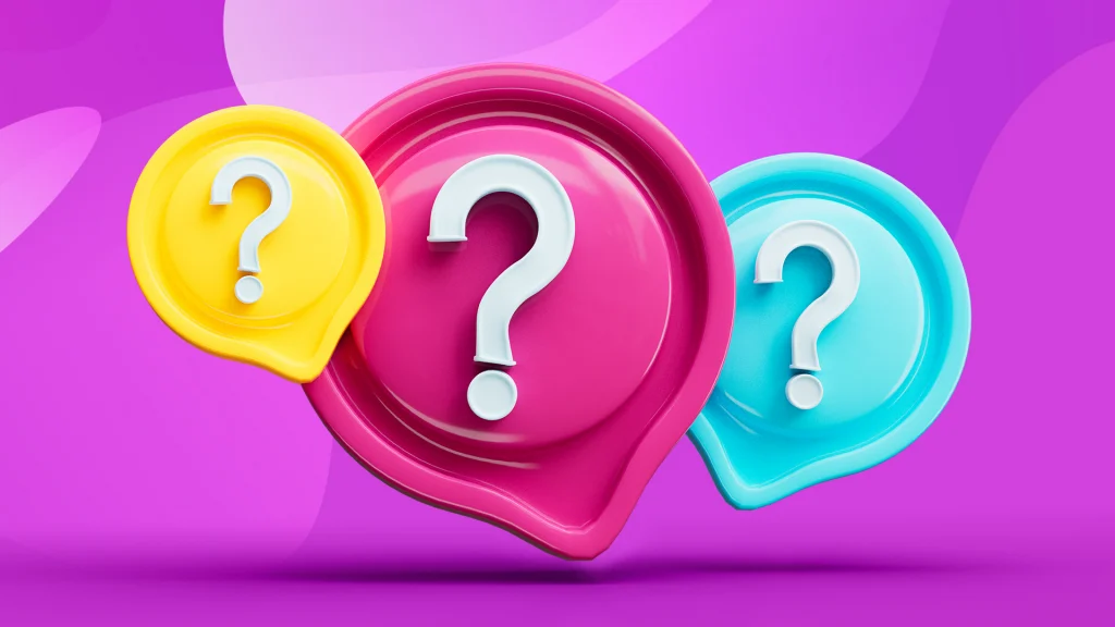 On a light purple background, a yellow, pink, and blue circle shows a white question mark in the middle.