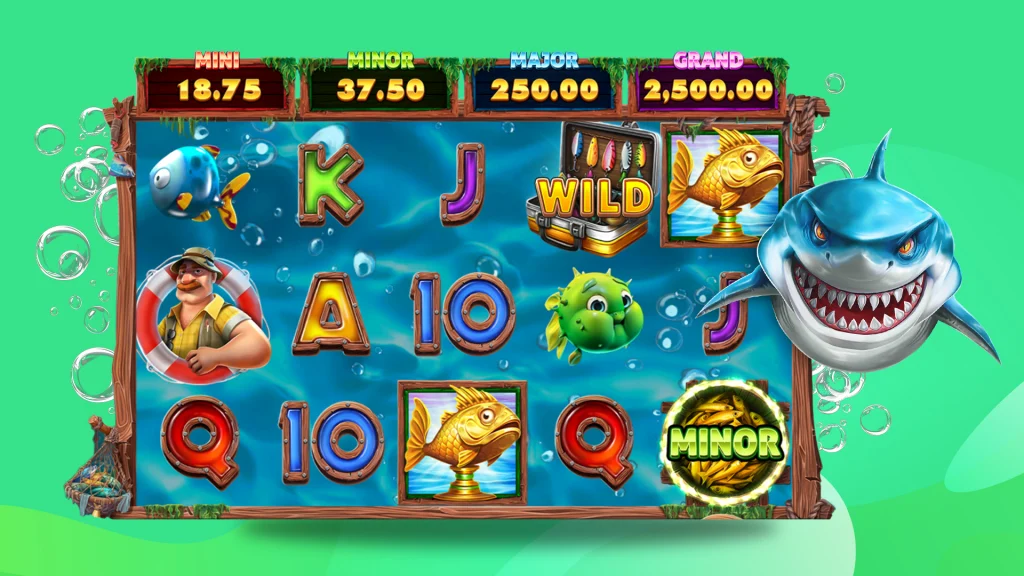 The ‘A Big Catch’ game is in action on a 5x3 grid displayed over a light green background.