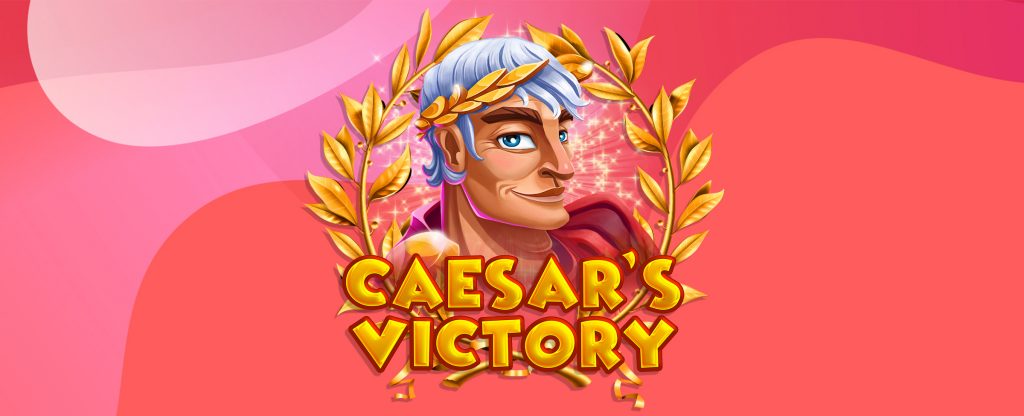 In the middle of this image, we see a 3D-animated Caesar from the shoulders up. He sports a chiseled jaw, silver hair, and is wearing a red Roman gown. Flanking him are two branches of gold leaves, while in front, the SlotsLV slots game logo from Caesar's Victory is written in gold font with red glowing edges.