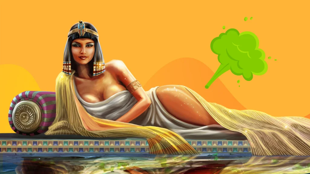A sultry Cleopatra lays seductively on a chaise lounge in a yellow image, and a green puff of smoke arises from her lower half.