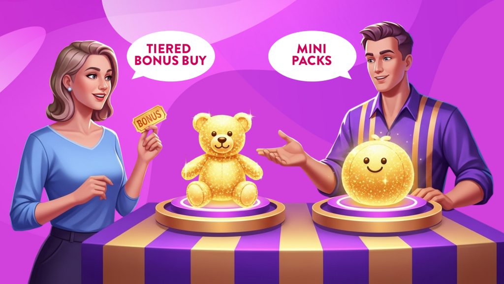 In a purple image, a woman with short blond hair and a blue shirt holds a gold bonus ticket at a purple and gold table with a sparkly teddy bear and fruit on top. In a speech bubble, she says, “Tiered Bonus Buy.” A man to her right in a purple and gold shirt says, “Mini Packs.”