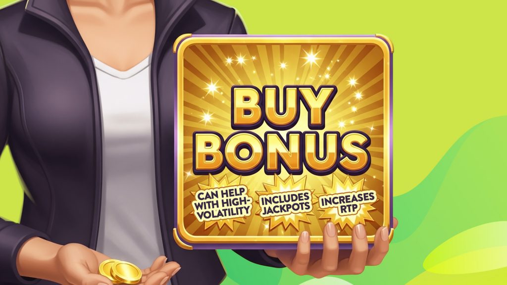 A lady holds a gold bonus buy box over a lime green background, and two gold coins in her other hand.