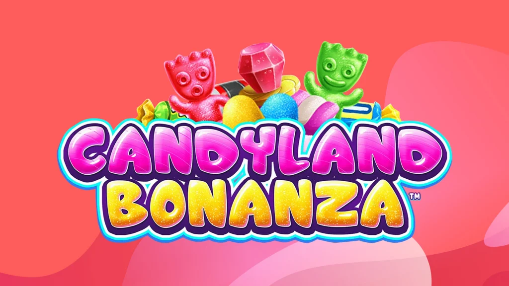 The game name, “Candyland Bonanza” is displayed in purple and yellow bubble letters in front of various candies, and they’re both on a pink background.