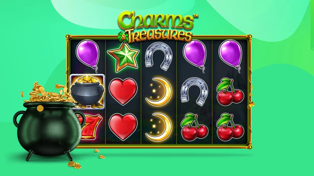 The reels of the SlotsLV online slot, Charms & Treasures, beside a pot of gold, on a green background. 