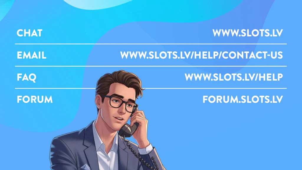 A man holds a corded phone to his head, with the contact information for SlotsLV Casino displayed above him over a blue background.