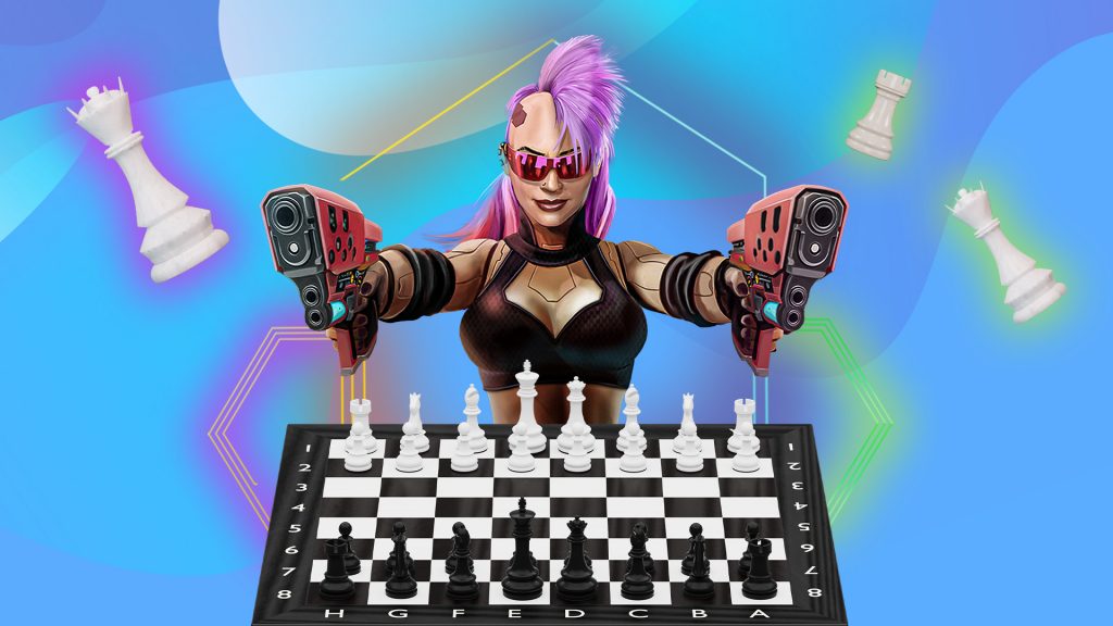 On a blue and purple background, futuristic neon lights frame a pink-mohawked cyborg wielding two laser guns. In front of her is a chess game.