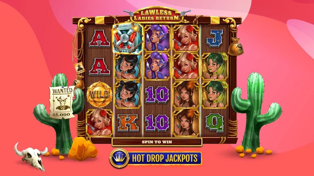 A 5x4 slot grid with two cactus on either side is on top of a pink background with ‘Hot Drop Jackpots’ text underneath.