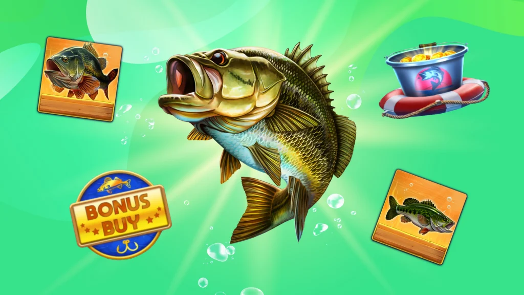 A bass is in the center of a green image, and four symbols of fish and buckets of coins surround it.