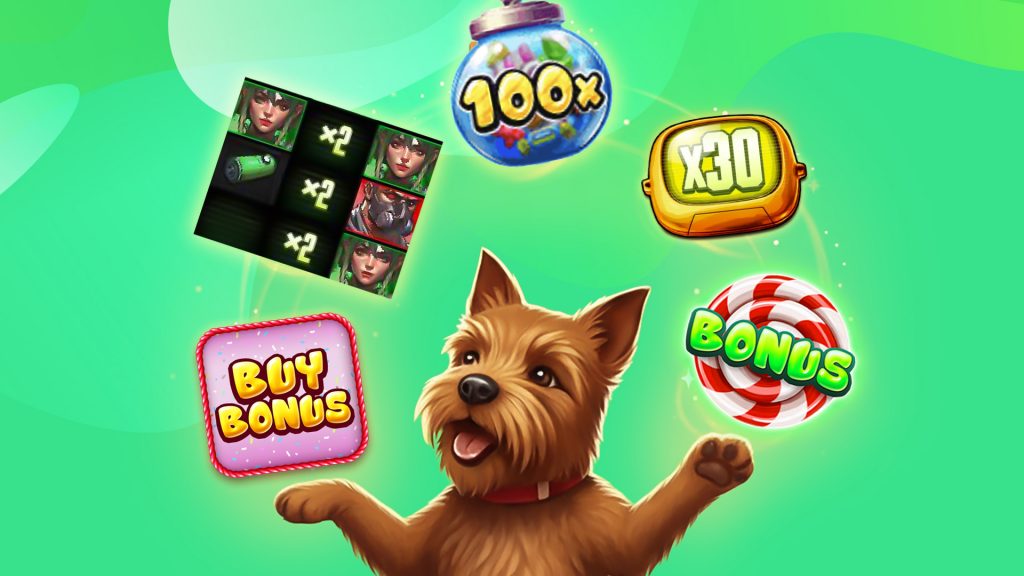 Toto, a small brown dog, is at the center of a mint green image, holding an arc of slot features with his paws.