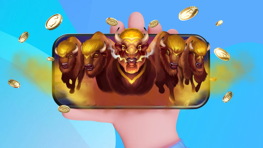 Five buffalos charge through a smartphone held up by a hand, with gold coins blasting outward. It’s all on a blue and purple background.