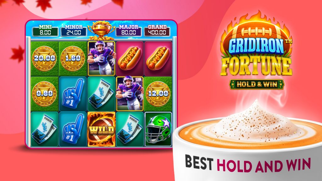 On a red background, the game Gridiron Fortune is shown to the left, and a hot steaming beverage that says, “Best hold and win” is on a mug below text that shows the name of the game.