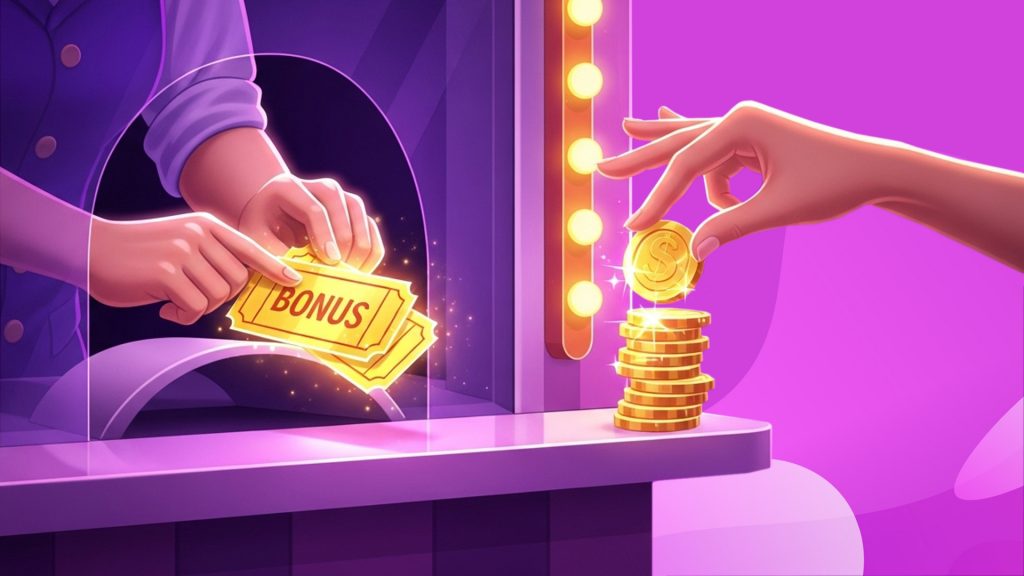 A ticket vendor hands out two golden tickets that say, “BONUS,” and a hand plucks one gold coin off a stack on the counter. It’s all on a purple background.