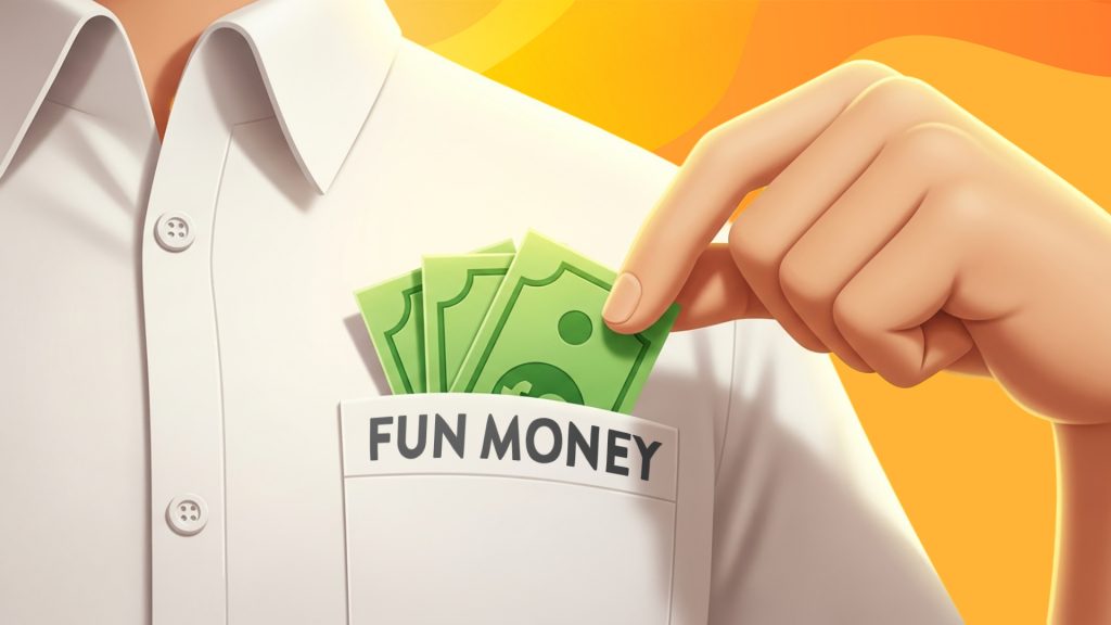 A person in a white button-down shirt pulls three dollar bills from their breast pocket labeled “Fun Money.”