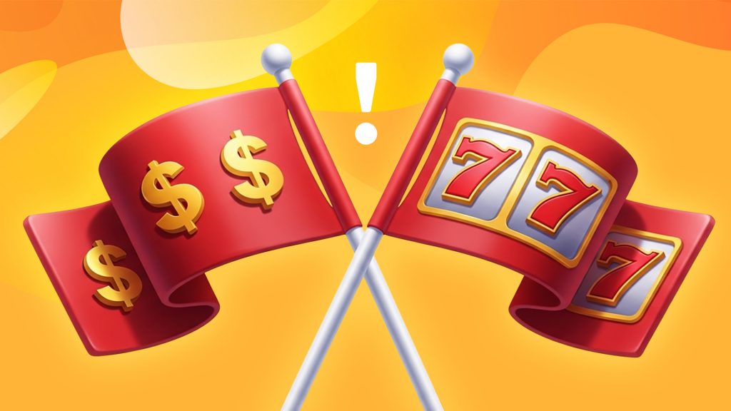 Two red flags wave over a yellow-gold background. One has dollar signs, and the other has three 7 symbols from a slot machine. Between them is a white exclamation point.