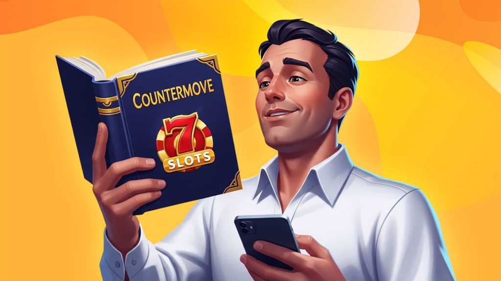 A man in a white dress shirt holds a phone in his left hand and a book called “Countermove” in his right. He is standing over a yellow-gold background.