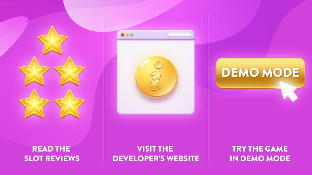 Three categories on a purple-pink image show ways to determine a slot’s volatility: read the slot reviews, visit the developer’s website, and try the game in Demo Mode.