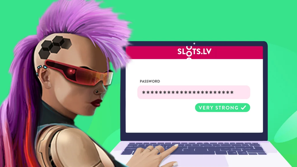 The pink-mohawked Cyberpunk character types on a laptop showing the login screen for Slots.lv, and it’s shown over a mint green background. 
