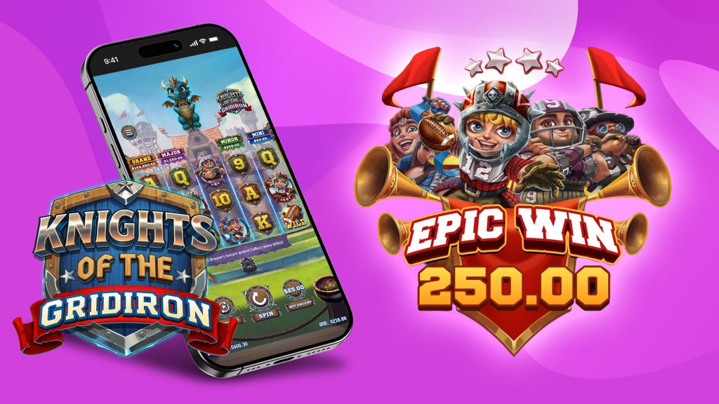 Cartoon football warriors celebrating an epic win of 250.00 with game screen on a smartphone.