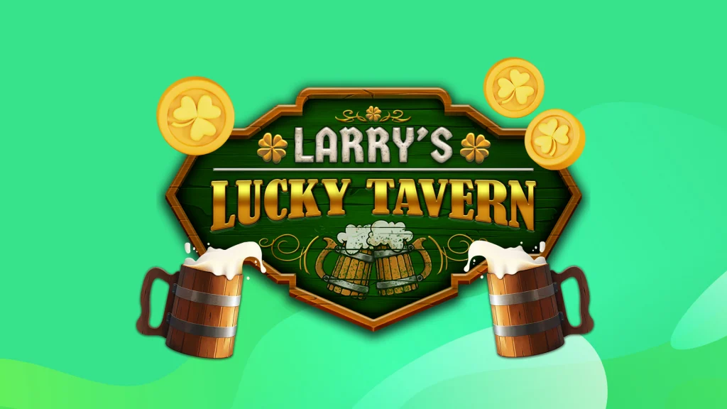 A green wooden sign is in the center of a light green image, saying, “Larry’s Lucky Tavern.” Two mugs of ale flank the sign.