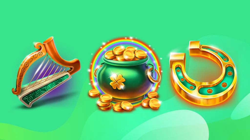 Symbols showing a harp, a green pot full of gold coins, and a golden horseshoe are displayed on a light green background.