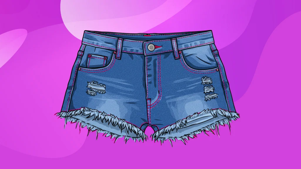 A pair of super short denim shorts is shown on a purple background.