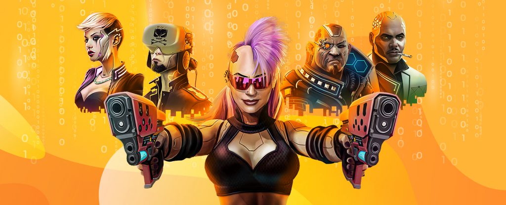 Five 3D-animated characters from the SlotsLV slots game, Cyberpunk City, feature in this image. A female wearing purple shades, black top and arm bands with dyed pink hair, has her arms outstretched, clutching futuristic guns in each hand. On either side are sidekick cyborg characters from the game.