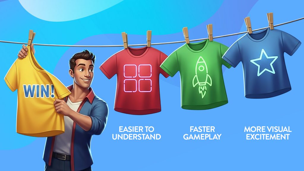 The calculation of payways is displayed on a purple shirt, held up by a man on a blue background.