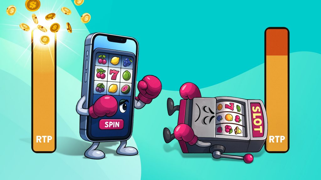 Two yellow bars show “RTP” on a teal background. Between them are an online slot on a smartphone and a traditional casino slot, which is knocked down.