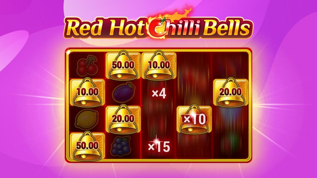 The slot game called “Red Hot Chilli Bells” is in action on a 5x4 grid on a light purple background.