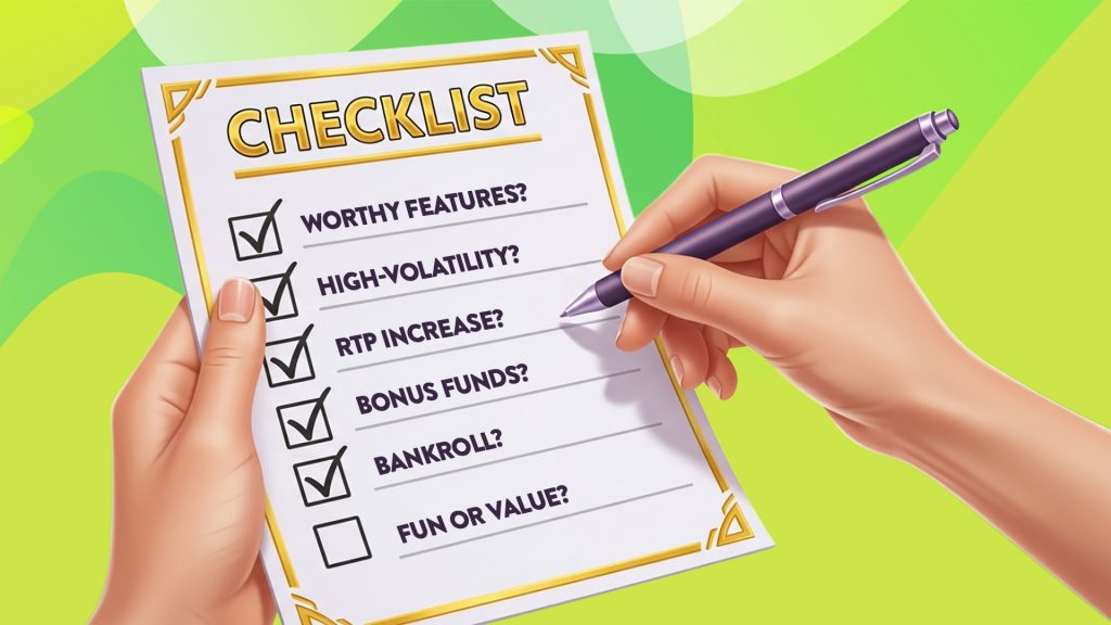 There’s a checklist with six items to help you determine if you should use the bonus buy feature, held up by a lady’s hands holding a pen on a lime green background.